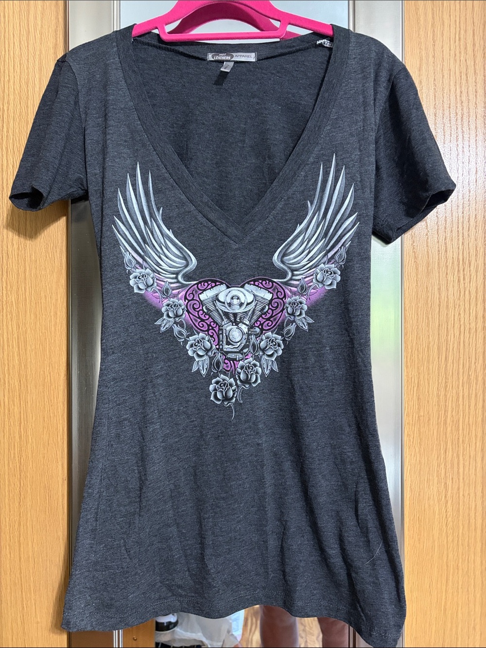 Women’s Dark Gray V-Neck Graphic Tee with Pink Accent - Unknown Brand